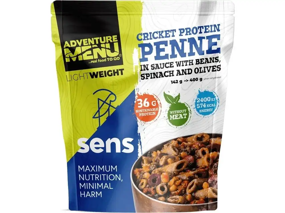 Adventure menu Cvrččí proteinové penne v omáčce s fazolemi, špenátem a olivami 142g Kup Teď
