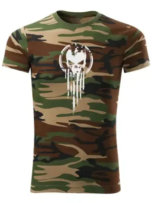 Sleva DRAGOWA krátké tričko skull, maskáčová 160g/m2