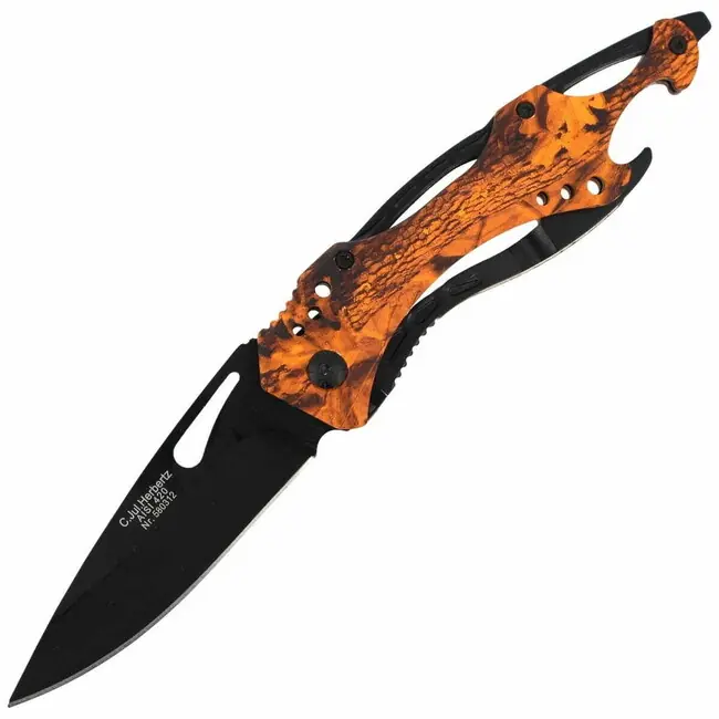 Jednoruční univerzální kapesní nůž Herbertz 9cm, hliník, oranžová kamufláž, otvírák na lahve Novinka