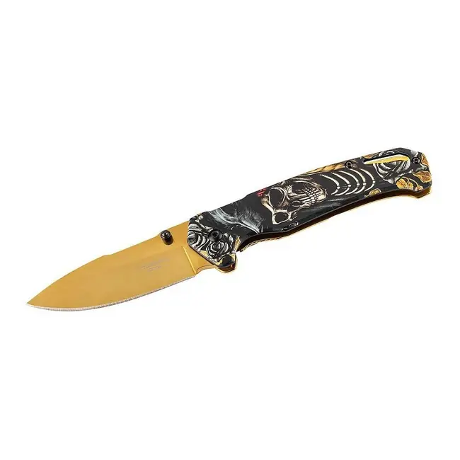 Jednoruční fantasy kapesní nůž Herbertz 8,4 cm, titan, zlatá barva, motiv kostry Ihned K Objednání