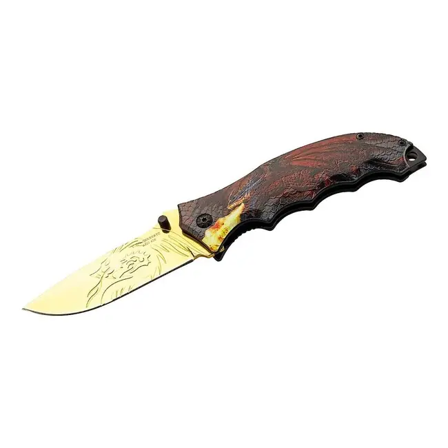 Jednoruční kapesní nůž Herbertz 8,3 cm, zlatá čepel, hliník, 3D drak Pouze Dnes