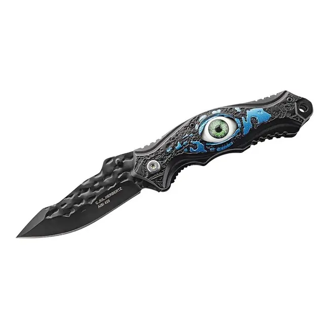 Akce Jednoruční kapesní nůž Herbertz 8cm, hliník, černý, vzor očka