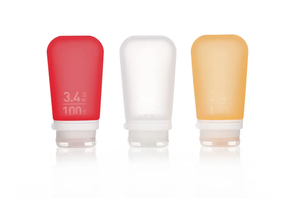 Cenová Bomba humangear GoToob+ Silikonová cestovní láhev/hrnek Pack 3 100 ml transparentní/červená/oranžová