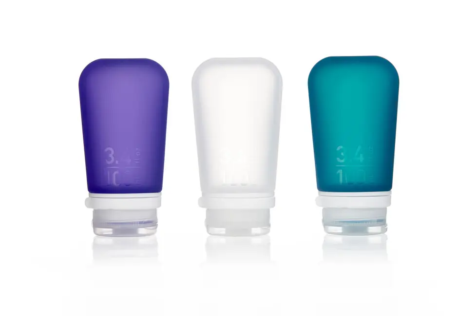 Expresní Doručení humangear GoToob+ Silikonová cestovní láhev/kabelka Balení 3 ks 100 ml transparentní/fialová/tyrkysová