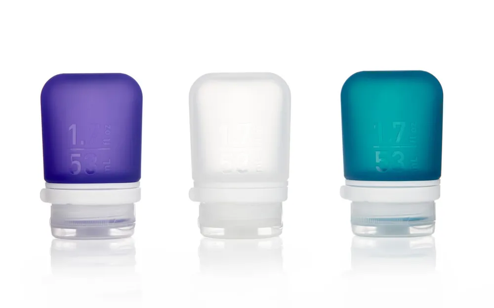 humangear GoToob+ Silikonová cestovní láhev/kabelka Balení 3 ks 53 ml transparentní/fialová/tyrkysová Víkendová Akce