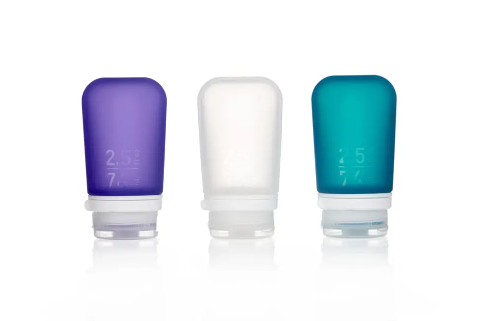 humangear GoToob+ Silikonová cestovní láhev/kabelka Balení 3 ks 74 ml transparentní/fialová/tyrkysová Originální