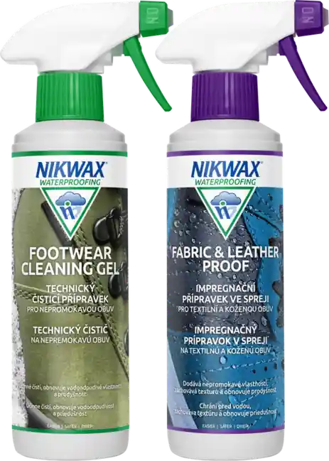 Nikwax 2 ks sada Twin Fabric & Leather Spray / Gelový sprej na čištění obuvi 300 ml Dokud Zásoby Vydrží