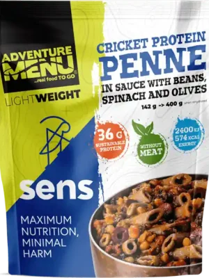 Omezená Nabídka Adventure menu SENS Cvrččí proteinové penne v omáčce s fazolemi, špenátem a olivami, 400g
