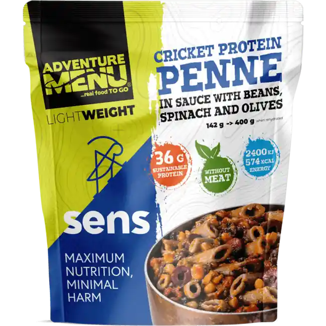 Omezená Nabídka Adventure menu SENS Cvrččí proteinové penne v omáčce s fazolemi, špenátem a olivami, 400g