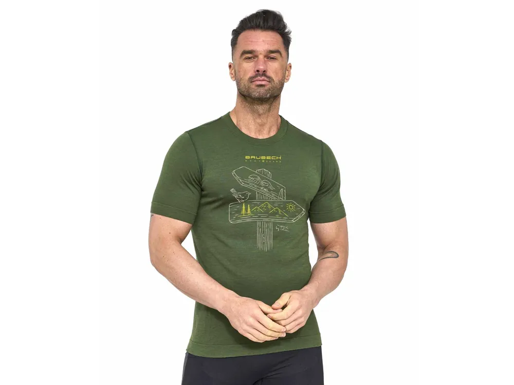 Brubeck Outdoor Wool Pro Men‘s T-shirt, dark green - pánské tričko Zlevněný