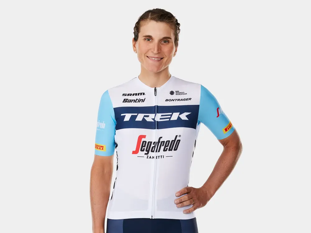 Replika dámského závodního dresu Santini Trek-Segafredo XL bílá/modrá Poslední Šance